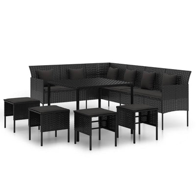 6 Piece Garden Dining Set with Cushions Black Poly Rattan