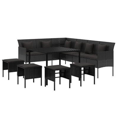 6 Piece Garden Dining Set with Cushions Black Poly Rattan