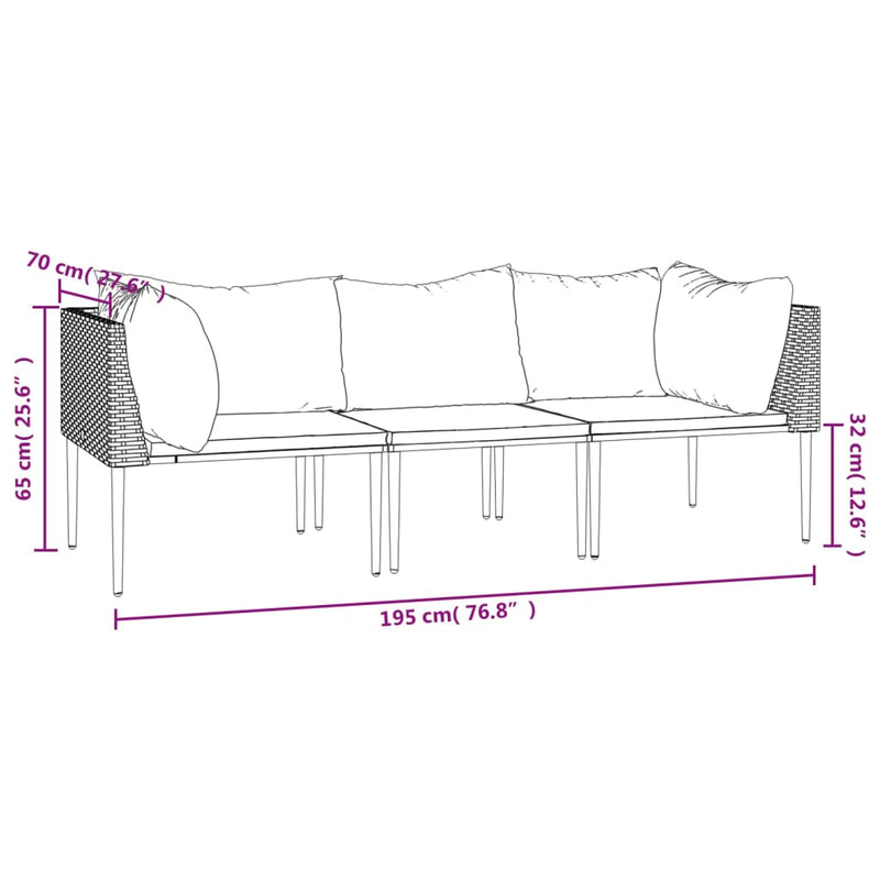 3 Piece Garden Lounge Set with Cushions Grey Poly Rattan