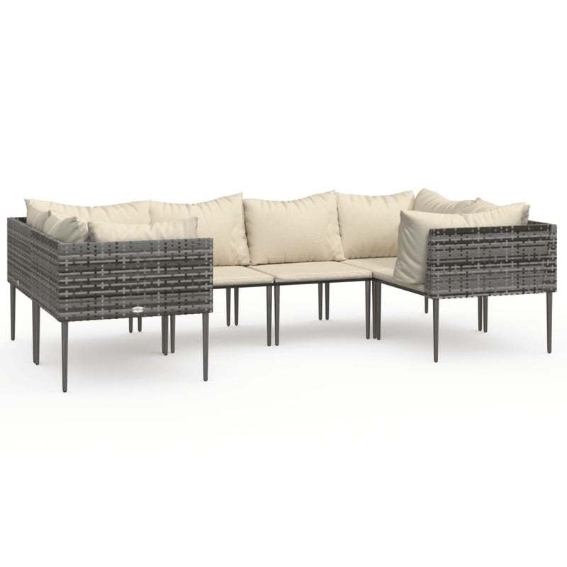 6 Piece Garden Lounge Set with Cushions Grey Poly Rattan