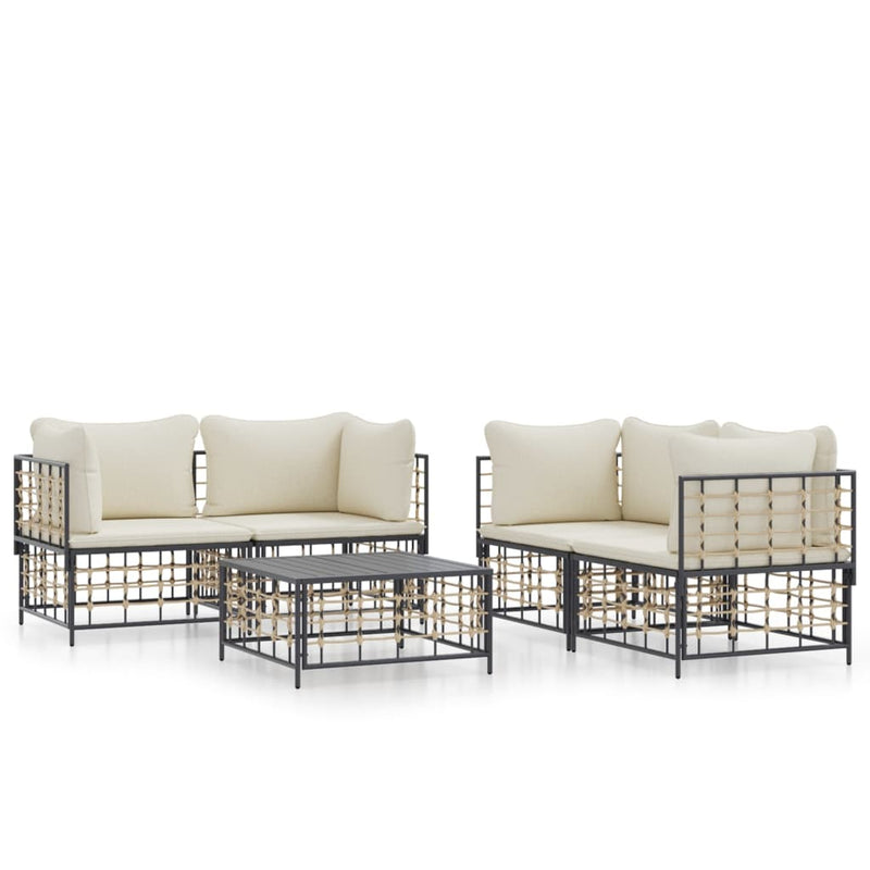 5 Piece Garden Lounge Set with Cushions Anthracite Poly Rattan