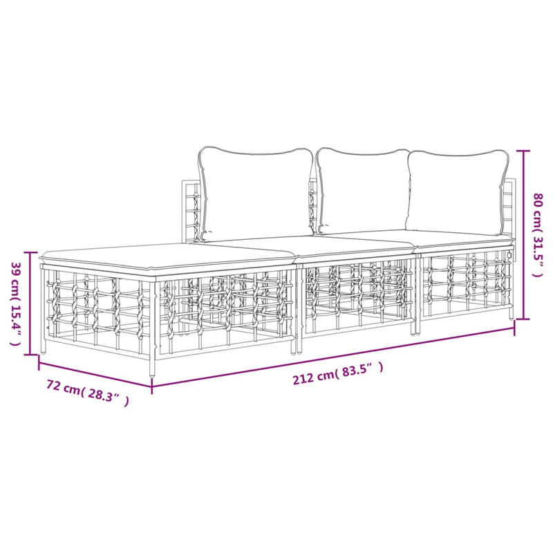 3 Piece Garden Lounge Set with Cushions Anthracite Poly Rattan