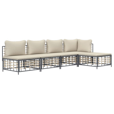 5 Piece Garden Lounge Set with Cushions Anthracite Poly Rattan