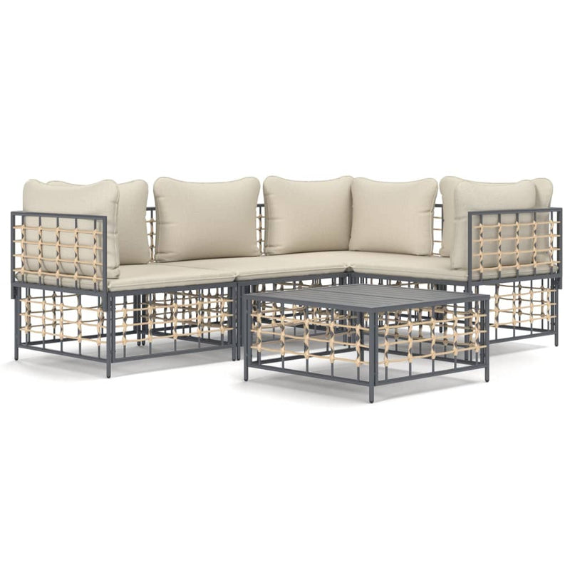 5 Piece Garden Lounge Set with Cushions Anthracite Poly Rattan