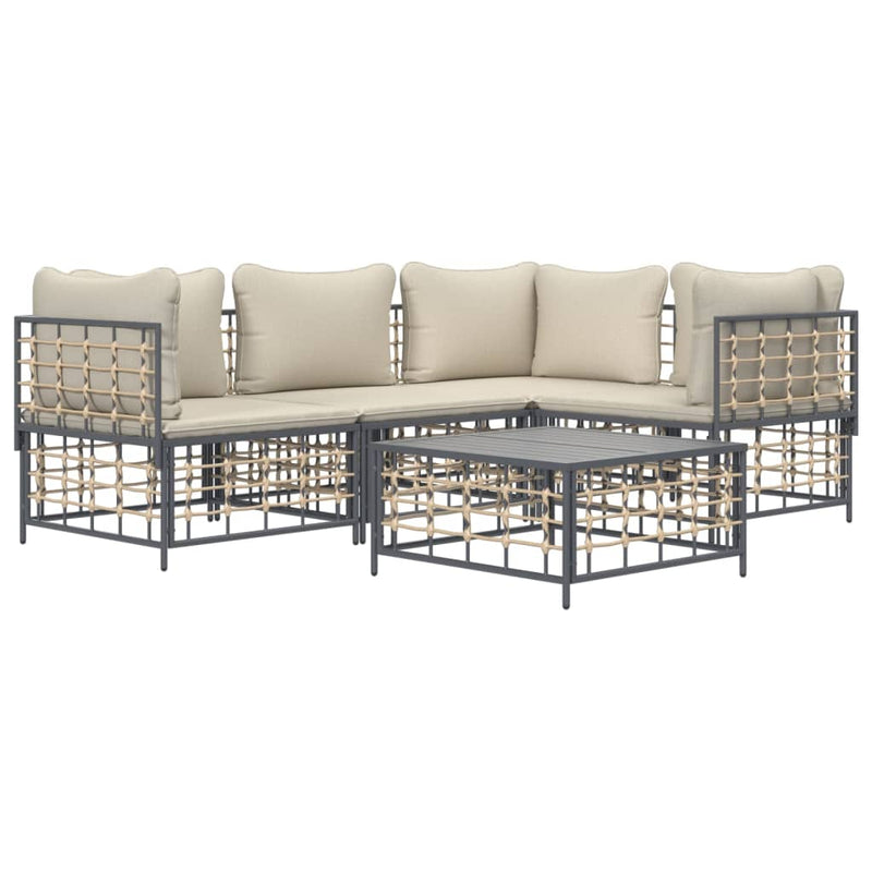 5 Piece Garden Lounge Set with Cushions Anthracite Poly Rattan