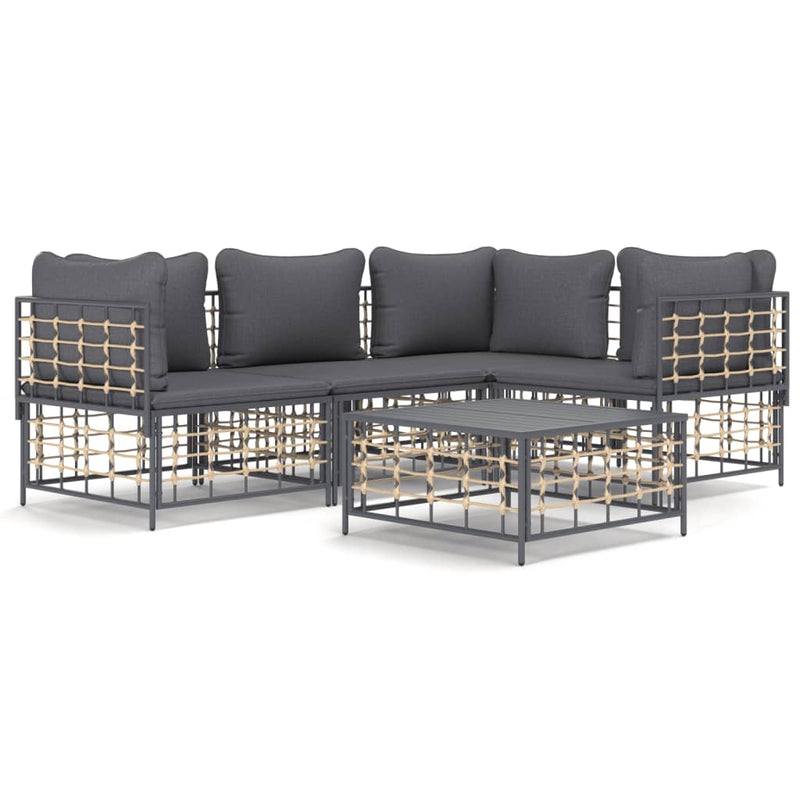 5 Piece Garden Lounge Set with Cushions Anthracite Poly Rattan