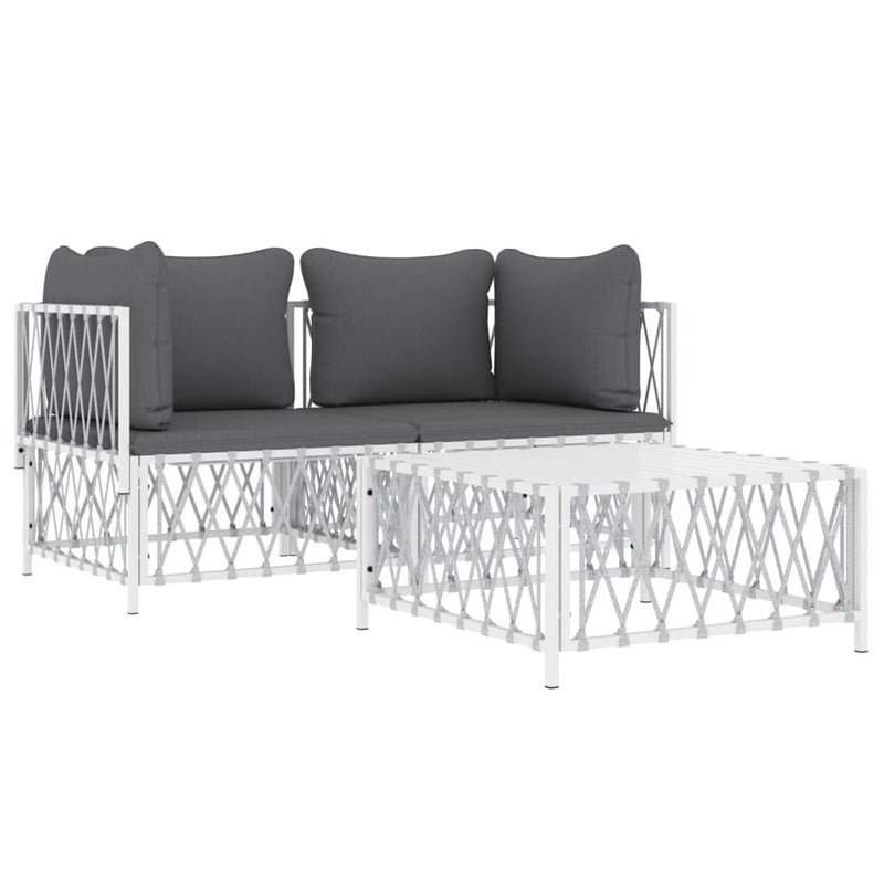 3 Piece Garden Lounge Set with Cushions White Steel