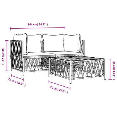 3 Piece Garden Lounge Set with Cushions White Steel