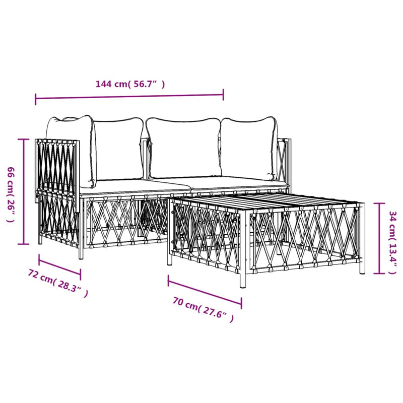 3 Piece Garden Lounge Set with Cushions White Steel