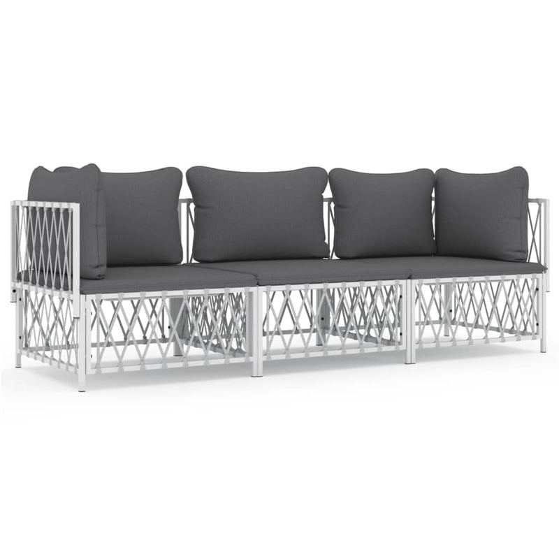 3 Piece Garden Lounge Set with Cushions White Steel