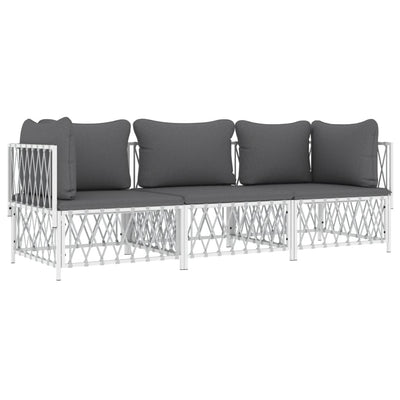 3 Piece Garden Lounge Set with Cushions White Steel