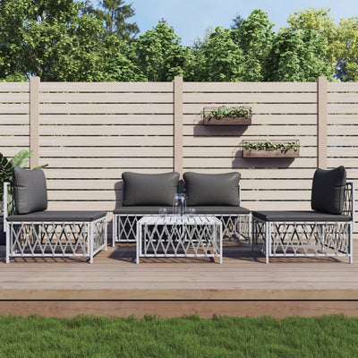 5 Piece Garden Lounge Set with Cushions White Steel