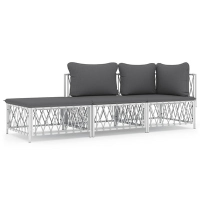 3 Piece Garden Lounge Set with Cushions White Steel