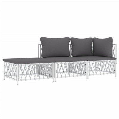 3 Piece Garden Lounge Set with Cushions White Steel