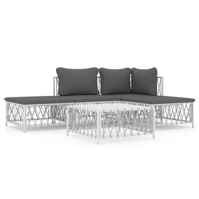 5 Piece Garden Lounge Set with Cushions White Steel