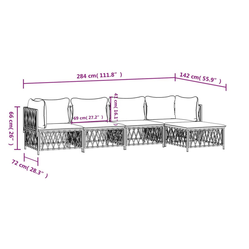 5 Piece Garden Lounge Set with Cushions White Steel