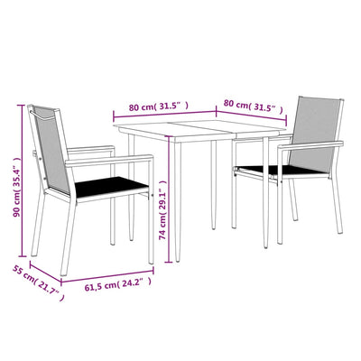 3 Piece Garden Dining Set Black Textilene and Steel