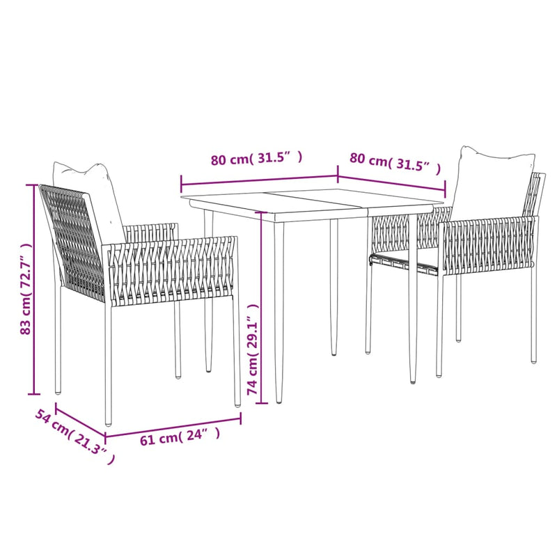 3 Piece Garden Dining Set with Cushions Poly Rattan and Steel