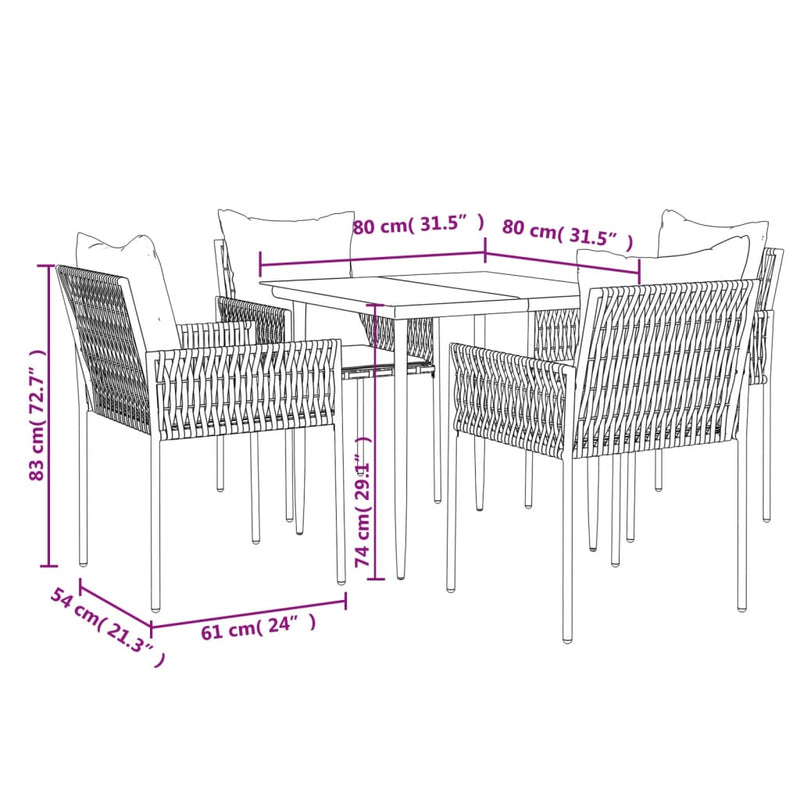 5 Piece Garden Dining Set with Cushions Poly Rattan and Steel