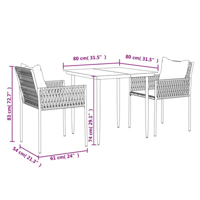 3 Piece Garden Dining Set with Cushions Poly Rattan and Steel