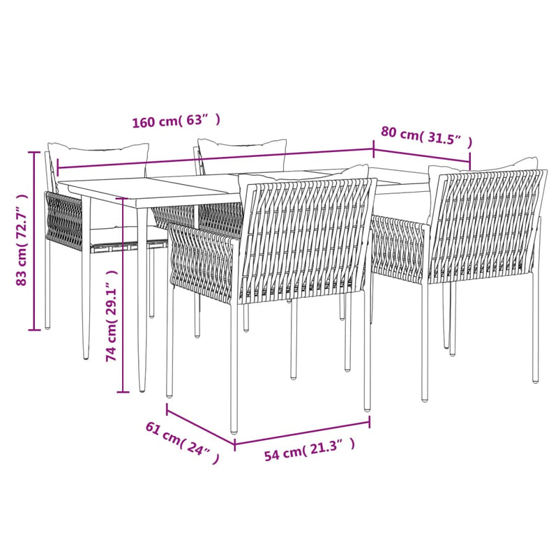 5 Piece Garden Dining Set with Cushions Poly Rattan and Steel