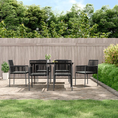 7 Piece Garden Dining Set with Cushions Black Poly Rattan and Steel