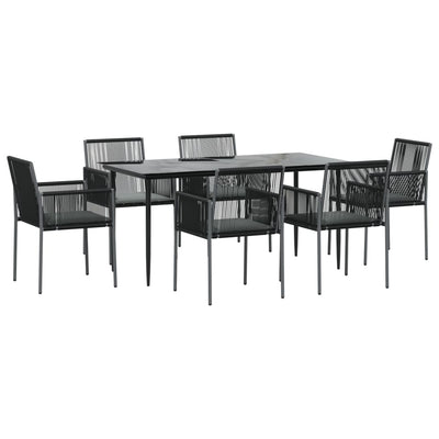 7 Piece Garden Dining Set with Cushions Black Poly Rattan and Steel