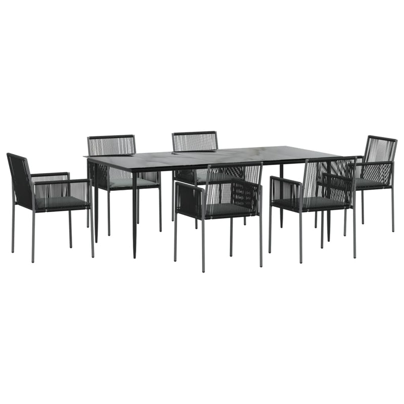 7 Piece Garden Dining Set with Cushions Black Poly Rattan and Steel