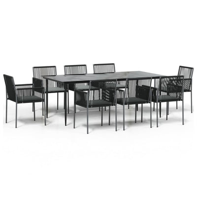 9 Piece Garden Dining Set with Cushions Black Poly Rattan and Steel