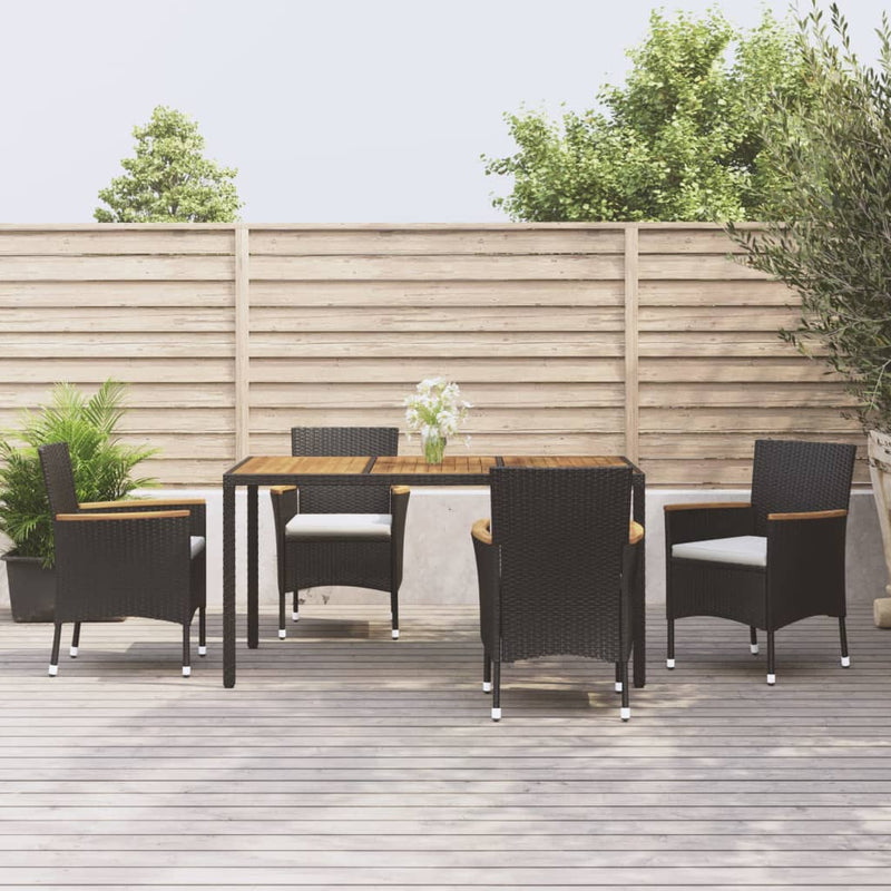 5 Piece Garden Dining Set with Cushions Black Poly Rattan