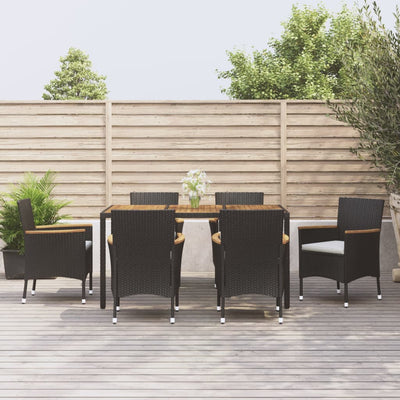 7 Piece Garden Dining Set with Cushions Black Poly Rattan