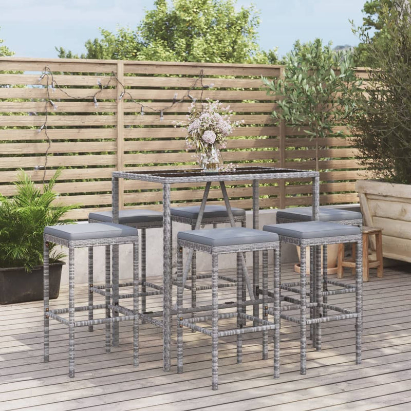 7 Piece Garden Bar Set with Cushions Grey Poly Rattan