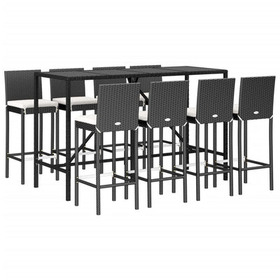 9 Piece Outdoor Bar Set with Cushions Black Poly Rattan