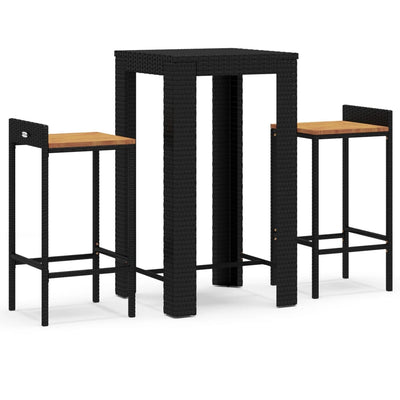 3 Piece Garden Bar Set Black Poly Rattan&Solid Wood Acacia