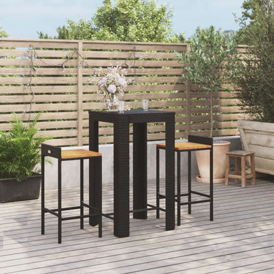 3 Piece Garden Bar Set Black Poly Rattan&Solid Wood Acacia