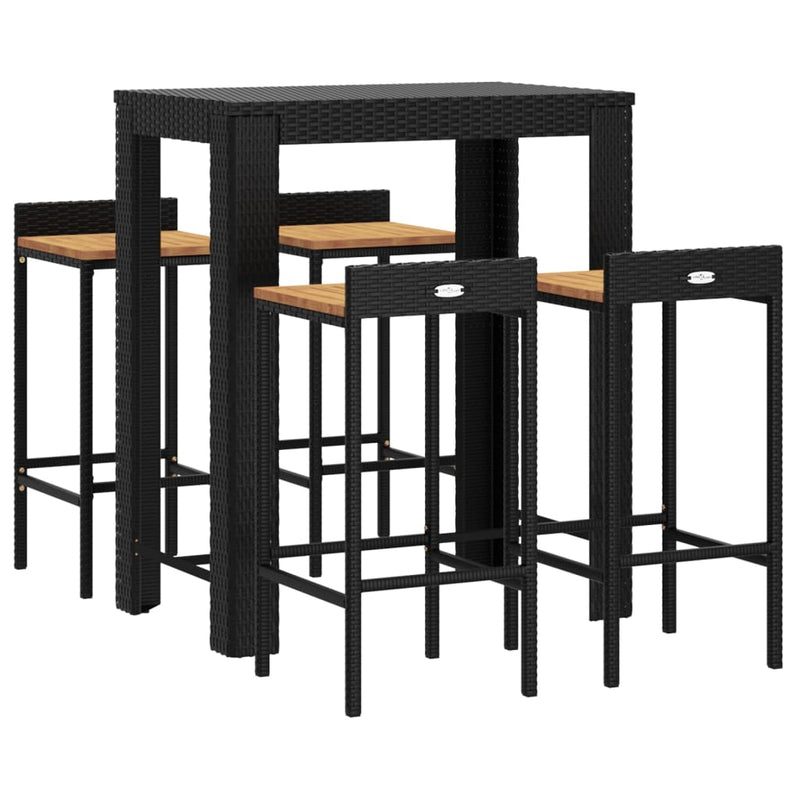 5 Piece Garden Bar Set Black Poly Rattan&Solid Wood Acacia