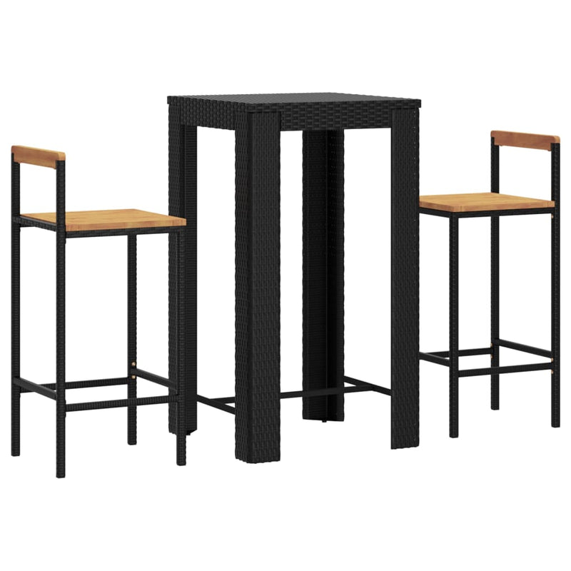 3 Piece Garden Bar Set Black Poly Rattan&Solid Wood Acacia