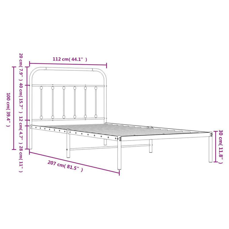 Metal Bed Frame without Mattress with Headboard Black 107x203 cm King Single