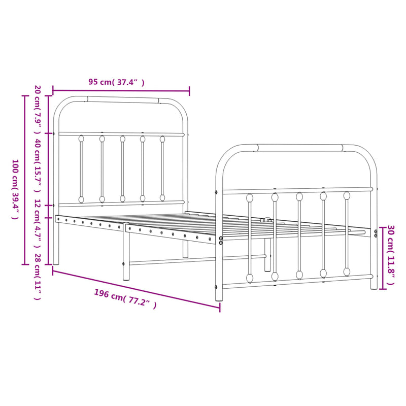 Metal Bed Frame without Mattress with Footboard Black 90x190 cm