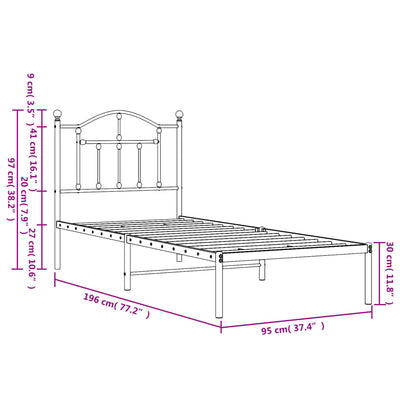 Metal Bed Frame without Mattress with Headboard White 90x190 cm