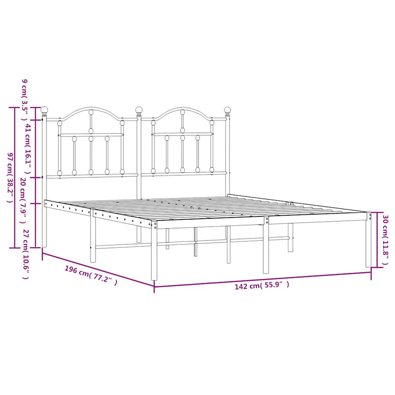 Metal Bed Frame without Mattress with Headboard White 135x190 cm