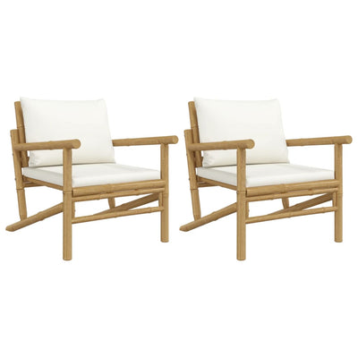 Garden Chairs 2 pcs with Cream White Cushions Bamboo