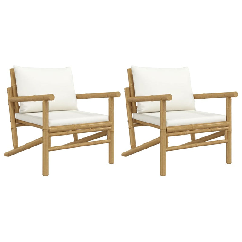 Garden Chairs 2 pcs with Cream White Cushions Bamboo