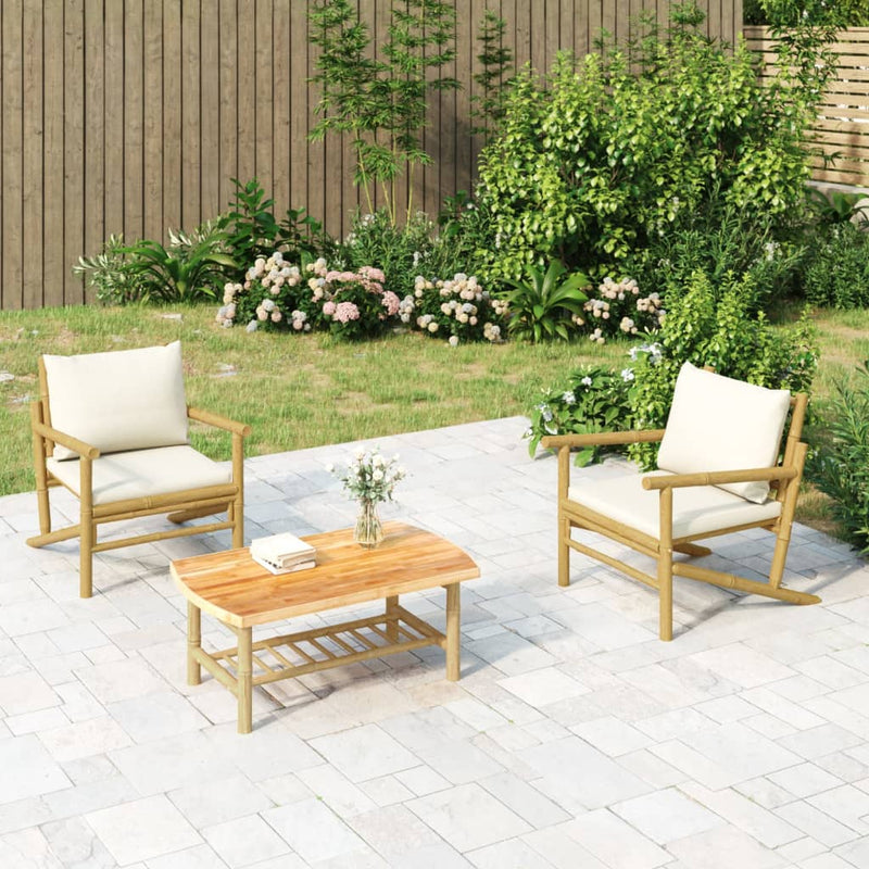 Garden Chairs 2 pcs with Cream White Cushions Bamboo