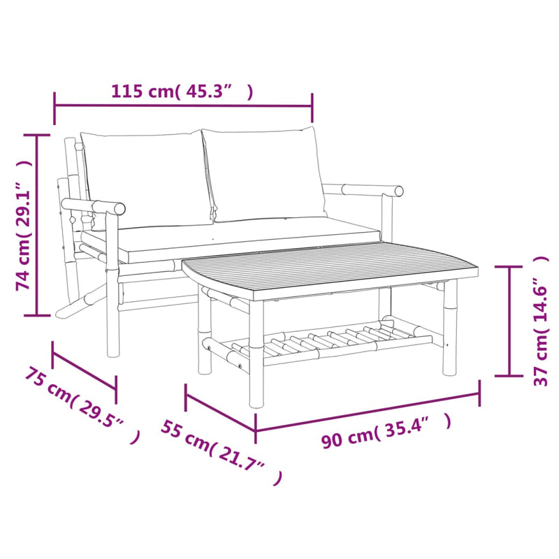 2 Piece Garden Lounge Set with Dark Grey Cushions Bamboo