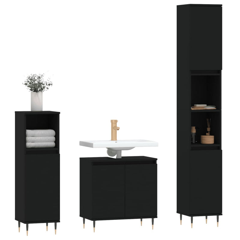 3 Piece Bathroom Cabinet Set Black Engineered Wood