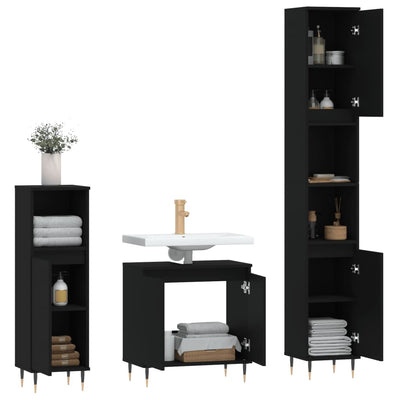 3 Piece Bathroom Cabinet Set Black Engineered Wood