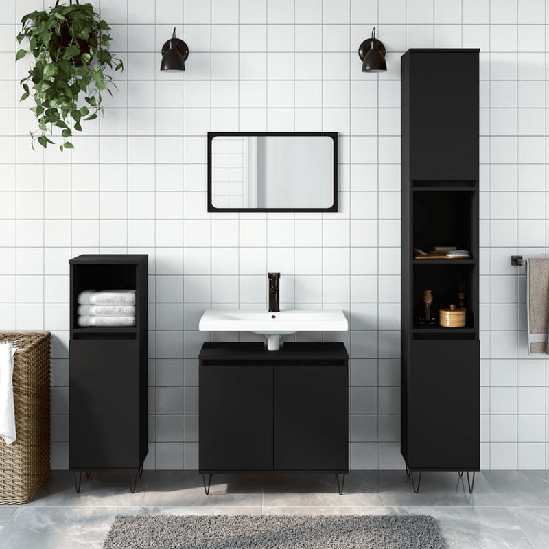 3 Piece Bathroom Cabinet Set Black Engineered Wood