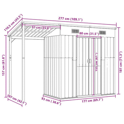 Garden Shed with Extended Roof Light Grey 277x110.5x181 cm Steel