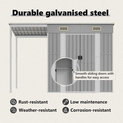 Garden Shed with Extended Roof Light Grey 277x110.5x181 cm Steel
